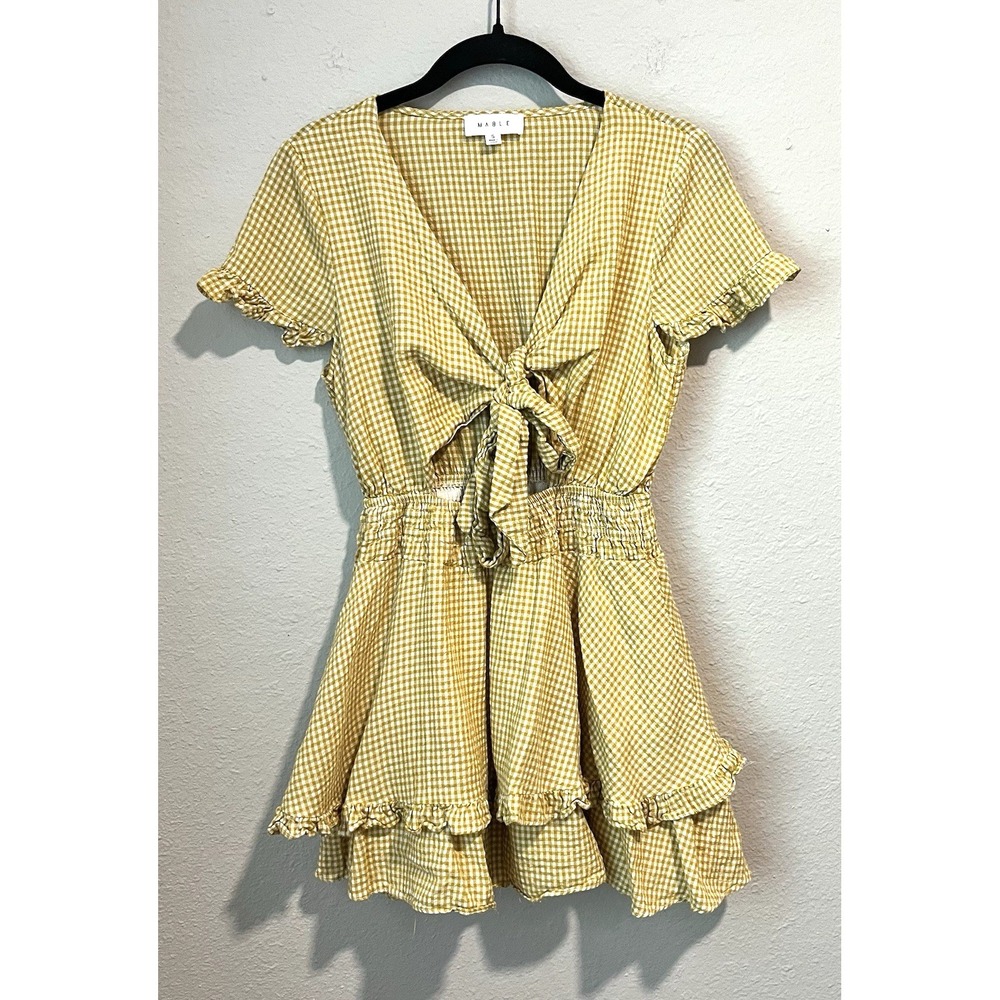 Mable Women's Dress Small Yellow Gingham Cut Out Ruffle Tie Short Sleeve Cottage